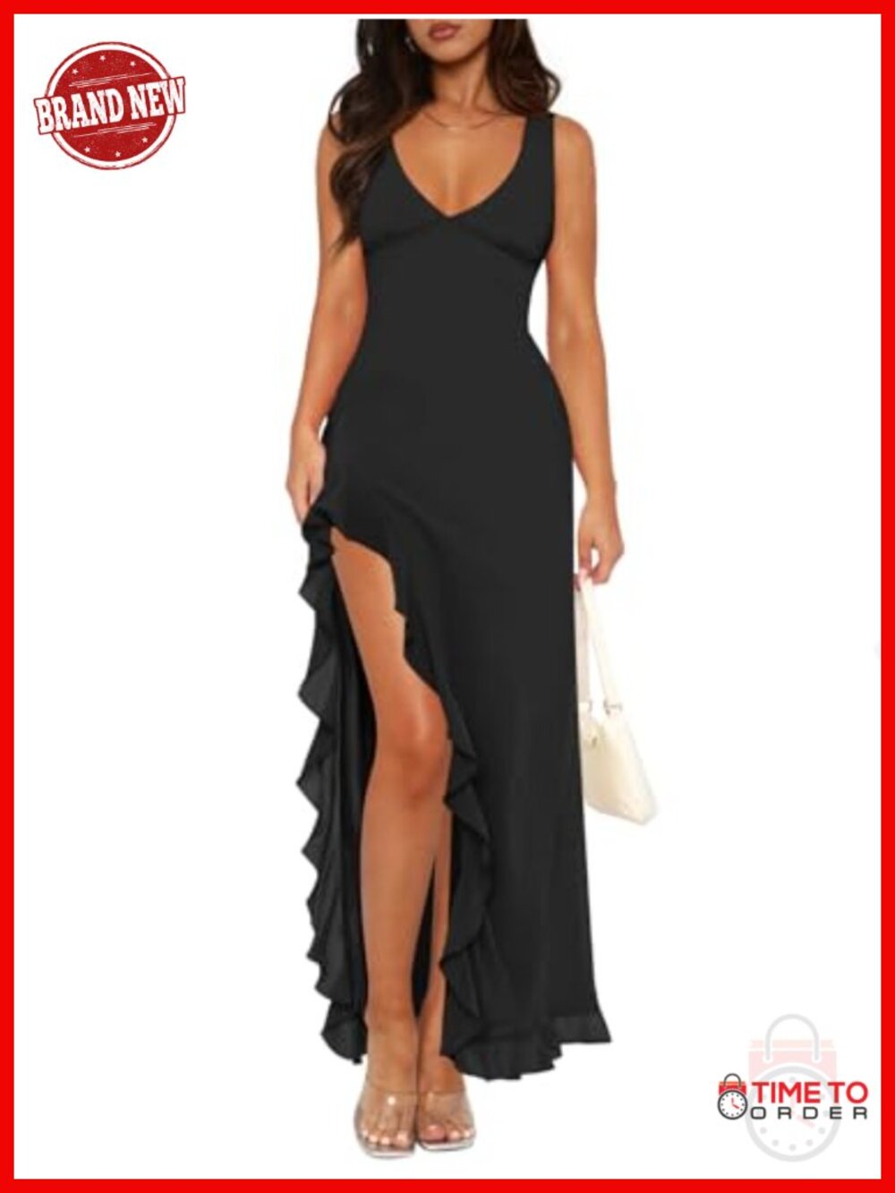 Women Mesh Maxi Dress Deep V-Neck Backless High Slit Formal Wedding Guest